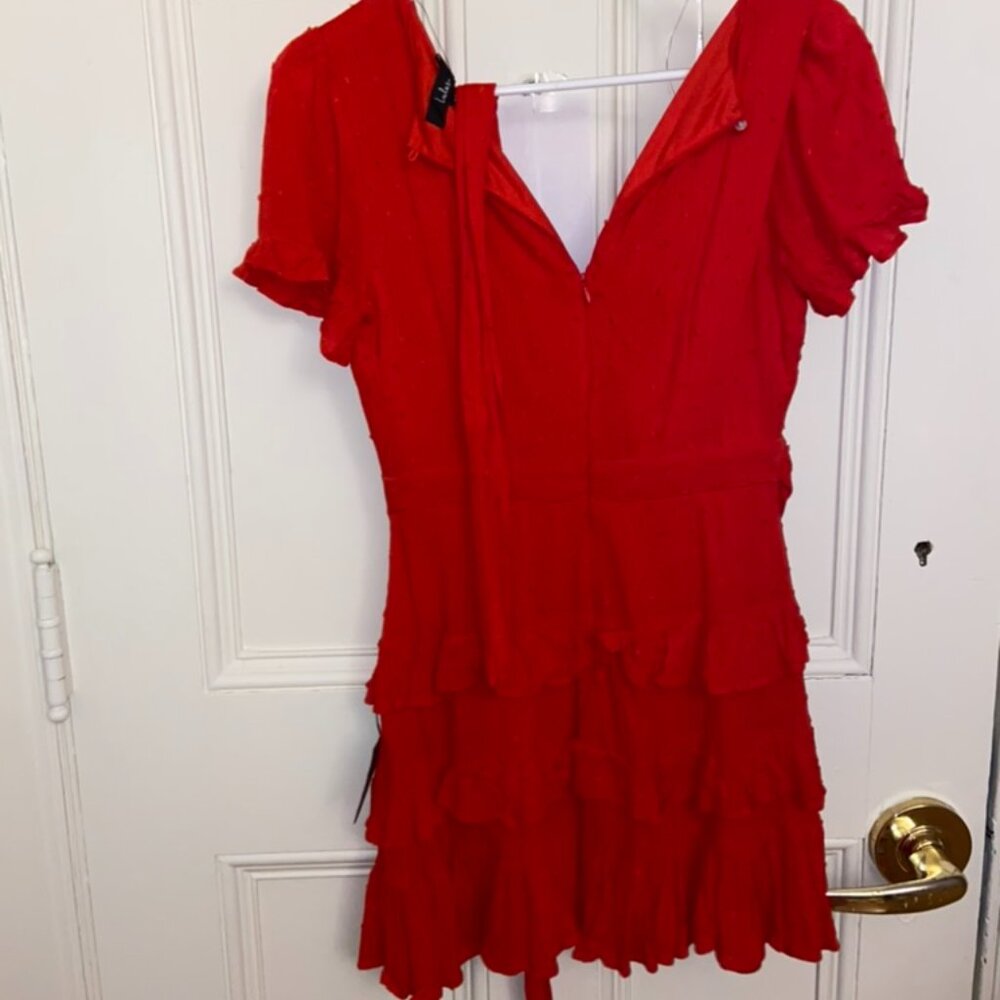 NWT Lulus Call Me Cute Red Swiss Dot Tiered Faux Wrap Mini Dress